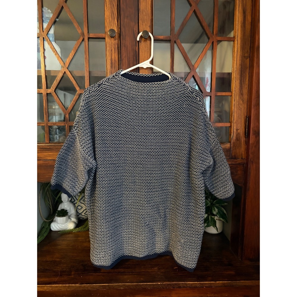 MAX MARA Textured Knit Sweater Navy Ivory Short Sleeve Crewneck Cotton Blend M